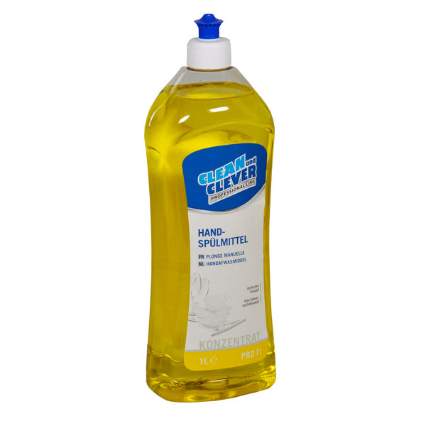 Detergente per piatti a mano PRO 11, 8 pz, Profumo di agrumi, giallo, liquido, pH: 6 - 7, contiene alcool, 1 litro, concentrato