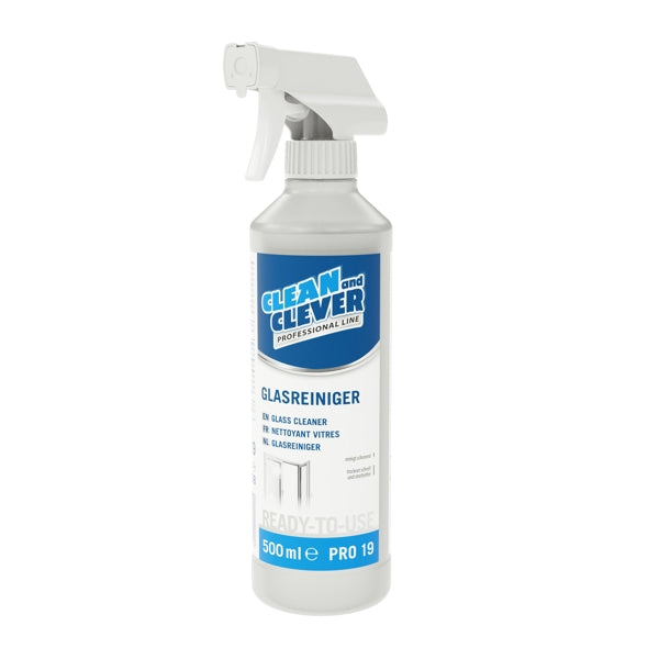 Detergente per vetri PRO 19 incolore, liquido, pH: 10 - 500 ml, pronto all'uso, con testina di spruzzatura regolabile, Conf. 10 Pezzi