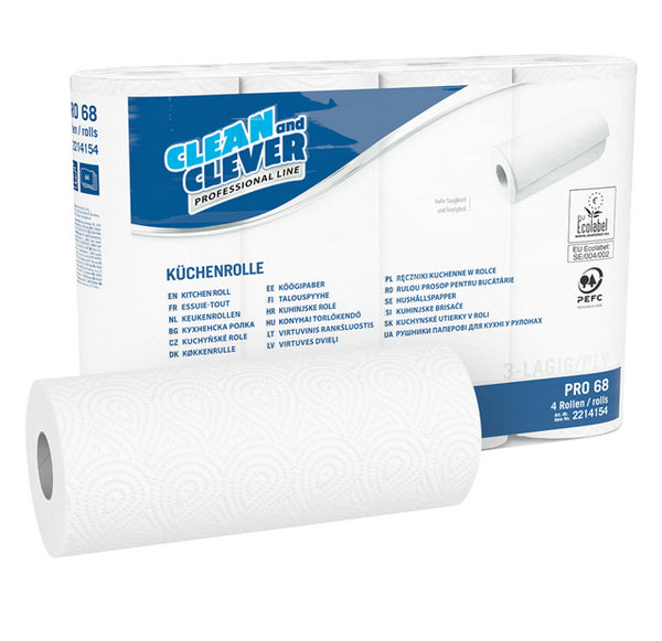 Rotolo da cucina PRO 68 Cellulosa, 3 veli, rotolo da 64 fogli, 26 × 23 cm, bianco brillante, Conf. 32 Rotoli