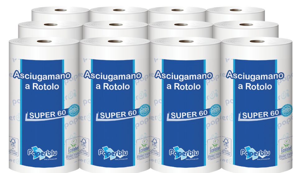 Carta Asciugamani a Rotolo Super 60m, Estrazione centrale, 2 veli, 200 strappi, diametro 14cm, pura cellulosa