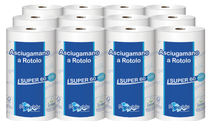 Carta Asciugamani a Rotolo Super 60m, Estrazione centrale, 2 veli, 200 strappi, diametro 14cm, pura cellulosa