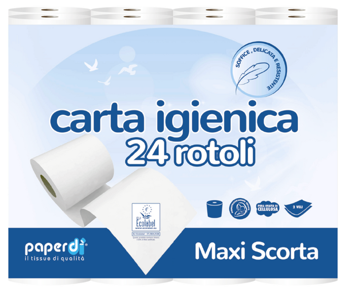 Carta igienica in rotoli piccoli, 2 veli, pura cellulosa, 130 strappi, 15 metri, diametro 10cm, conf. da 96 rotoli (24x4)