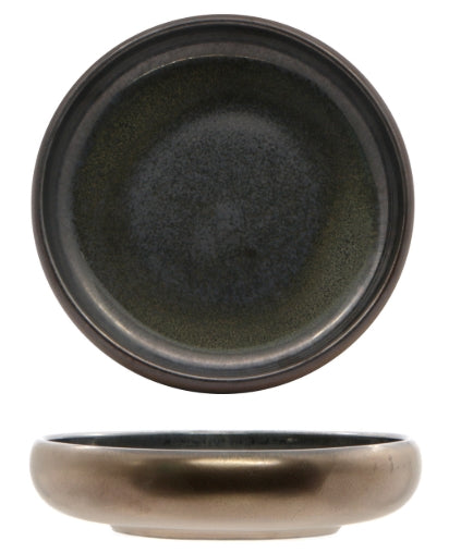 OXIDE-PIATTINO NIDO TONDO CM.14,5 IN PORCELLANA COLORATA DECORO REACTIVE ESTERNO BRONZO OSSIDATO