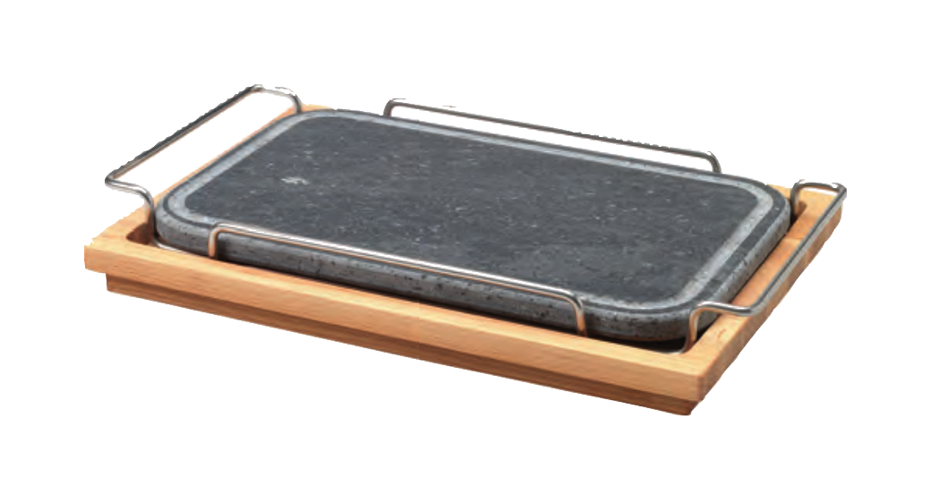 Pietra ret.spig.arrotond.cm 25x35 c/supporto inox e basamento legno - COLA250/LR